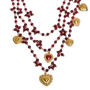 Sara Sotti Elegant Faux Burgundy Pearls With Gold Heart Charms Necklace